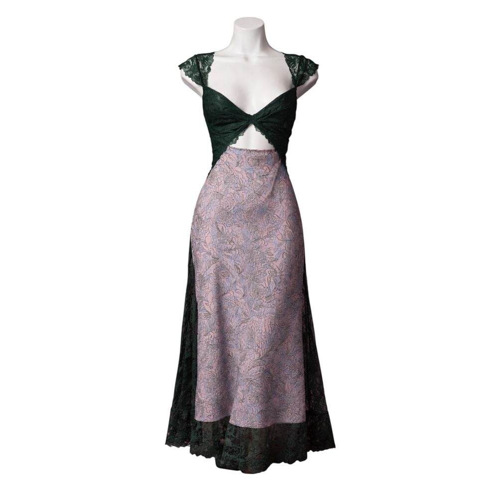 Free People Lace Sheer Bustier Maxi Slip Dress Nightgown Sz Small Green Lilac